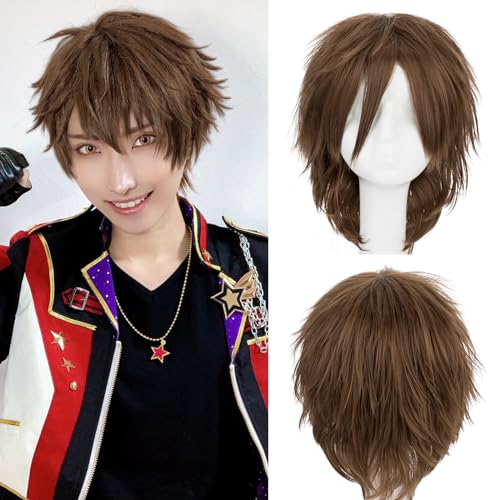 S-noilite Snoilite Unisex Short Brown Cosplay Wig Women Mens Anime Costume Full Wigs Short Fluffy Layered Pixie Wig Synthetic Hair for Halloween Costume Comiccon Party Light Brown - Image 1