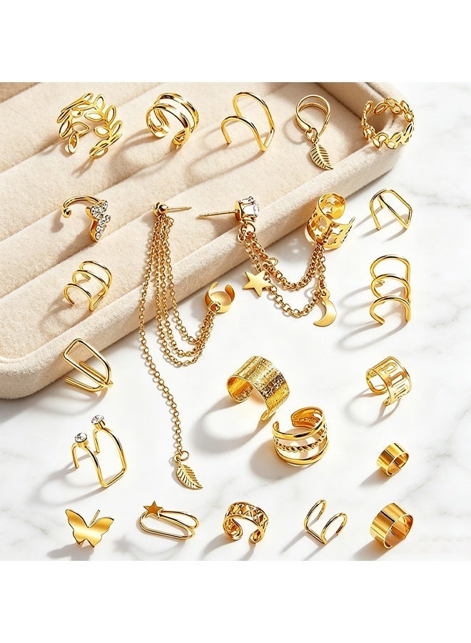 Wffo 22Pcs Golden Ear Cuffs Earrings for Women Non Piercing Lightweight, Adjustable Hypoallergenic Fake Clip On Cartilage Butterfly Chain Twist Helix Leaf Wrap Earrings Set, Trendy Jewelry - Image 2