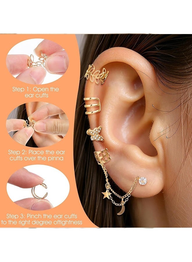 Wffo 22Pcs Golden Ear Cuffs Earrings for Women Non Piercing Lightweight, Adjustable Hypoallergenic Fake Clip On Cartilage Butterfly Chain Twist Helix Leaf Wrap Earrings Set, Trendy Jewelry - Image 4