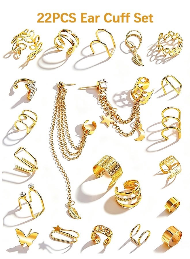 Wffo 22Pcs Golden Ear Cuffs Earrings for Women Non Piercing Lightweight, Adjustable Hypoallergenic Fake Clip On Cartilage Butterfly Chain Twist Helix Leaf Wrap Earrings Set, Trendy Jewelry - Image 1