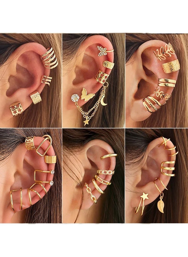 Wffo 22Pcs Golden Ear Cuffs Earrings for Women Non Piercing Lightweight, Adjustable Hypoallergenic Fake Clip On Cartilage Butterfly Chain Twist Helix Leaf Wrap Earrings Set, Trendy Jewelry - Image 3
