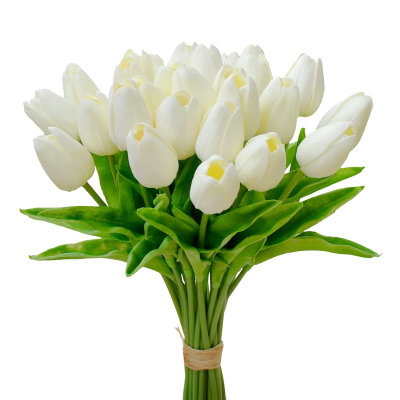 Mandy's Artificial Tulips 28 Stems Cream PU Faux Flowers for Valentine's Day and New Year Decorations Wedding Home Decor 13.5 Inch - Image 1