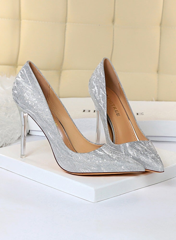 BIGTREE Women's Elegant Sequin Stiletto Pumps 10.5 CM Fashion Gorgeous Closed Pointed Toe Slip On Solid High Heels Silver - Image 2