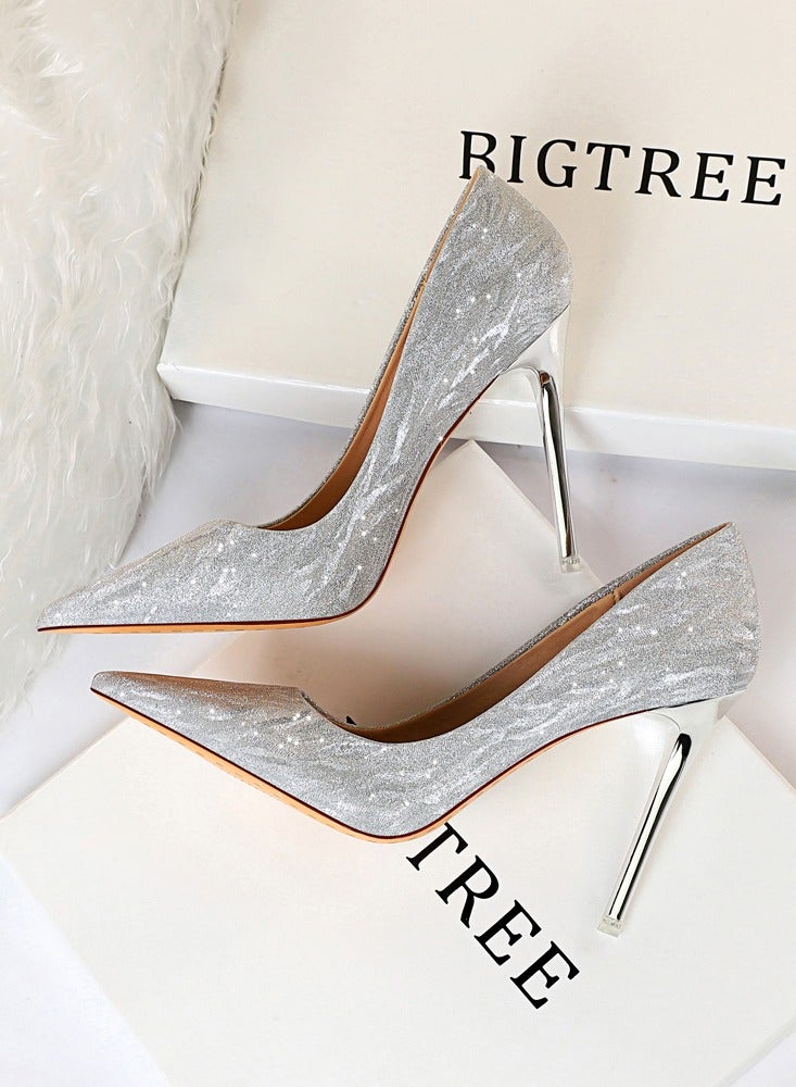 BIGTREE Women's Elegant Sequin Stiletto Pumps 10.5 CM Fashion Gorgeous Closed Pointed Toe Slip On Solid High Heels Silver - Image 4