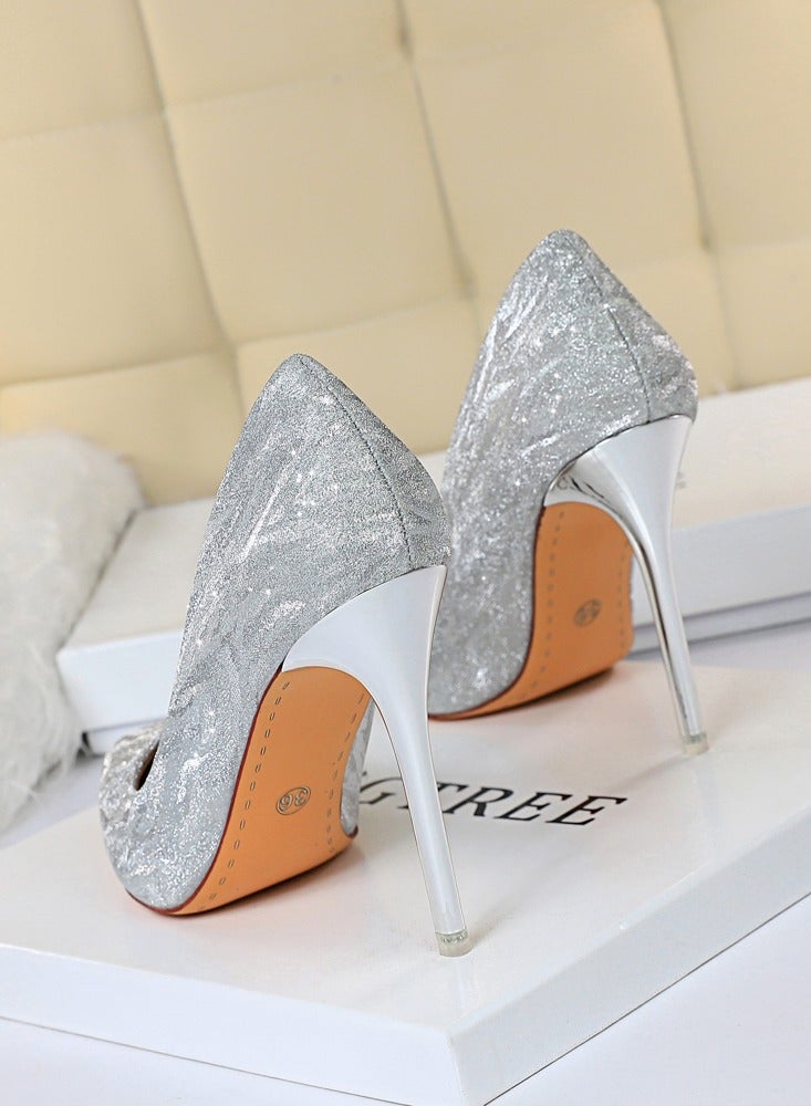 BIGTREE Women's Elegant Sequin Stiletto Pumps 10.5 CM Fashion Gorgeous Closed Pointed Toe Slip On Solid High Heels Silver - Image 3