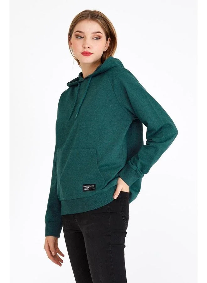 mmetalic Women's Green Hooded Basic Knit Sweatshirt.