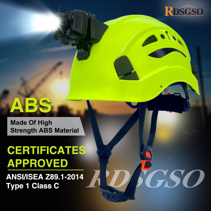 RDSGSO Industrial Safety Helmet with Light RGS-8C Adjustable Vents Breathable Lightweight Hard Hats with Headlight for Construction,Outdoor Work ANSI Certified (08C-Green-RGHL02 Headlight) - Image 3