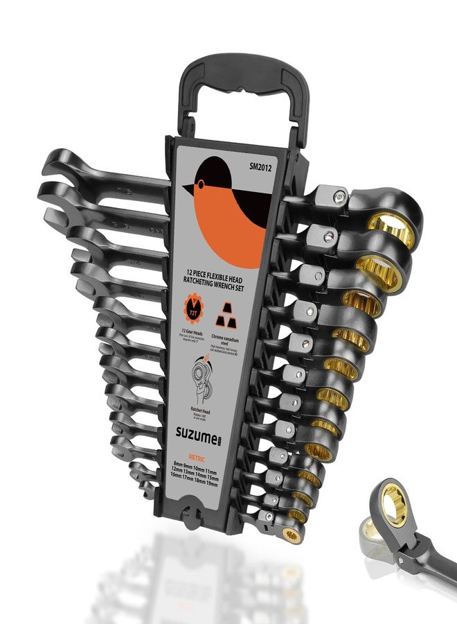 SUZUME 12-Piece (8mm-19mm) Flex Head Ratcheting Wrench Set with 72 Teeth 180° Flex Head Metric Ratcheting Wrench Set Cr-V Steel Rust-Resistant Ratchet Wrenches Set For Bicycle, Motorcycle, Car - Image 1