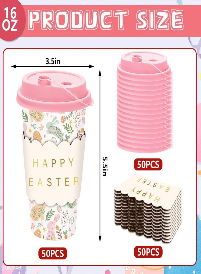 JarThenaAMCS 50 Set Easter Disposable Coffee Cups with Lids Gold Foil Sleeves Paper Cup Pastel Bunny Rabbit Egg Floral Drinking Cups for Easter Spring Party Supplies - Image 2