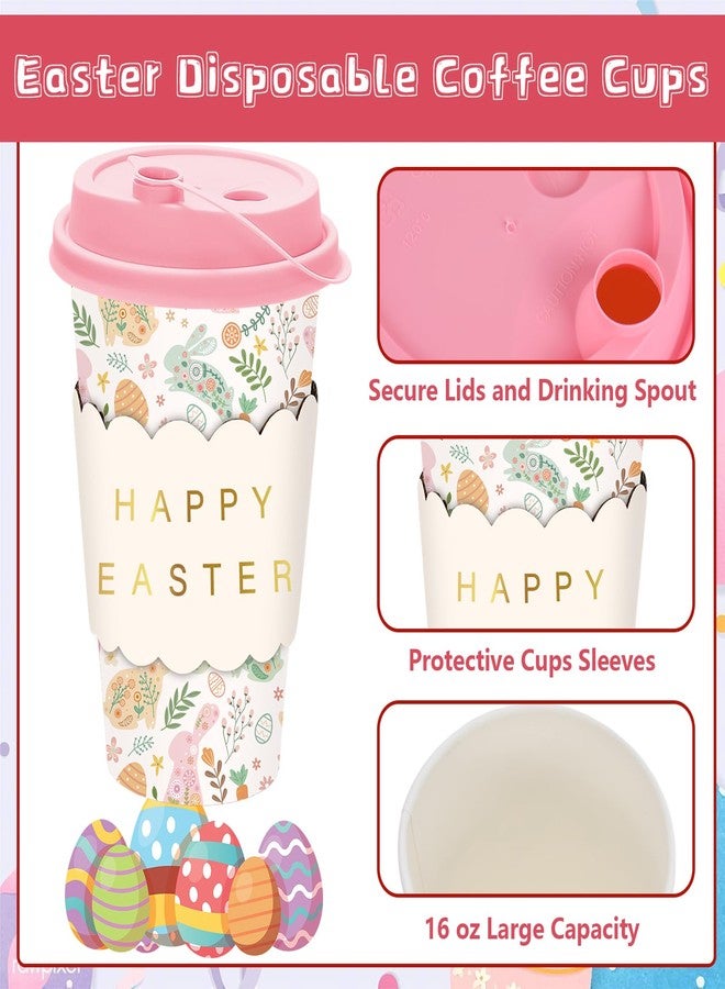 JarThenaAMCS 50 Set Easter Disposable Coffee Cups with Lids Gold Foil Sleeves Paper Cup Pastel Bunny Rabbit Egg Floral Drinking Cups for Easter Spring Party Supplies - Image 3