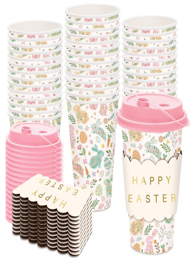 JarThenaAMCS 50 Set Easter Disposable Coffee Cups with Lids Gold Foil Sleeves Paper Cup Pastel Bunny Rabbit Egg Floral Drinking Cups for Easter Spring Party Supplies - Image 1
