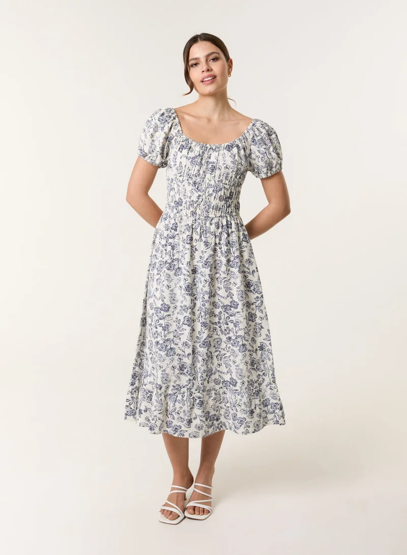 Blue Vanilla Ditsy Floral Puff Sleeve Dress