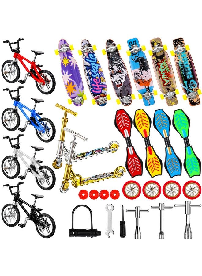 Skylety Skylety 31 Pieces Mini Finger Toys Set for Boy Girl Includes 6 Finger Skateboards, 4 Bikes, 2 Mini Scooters 4 Swing Board 8 Matched Wheels 7 Tool Accessories Educational Toy Party Favor(Novel) - Image 1