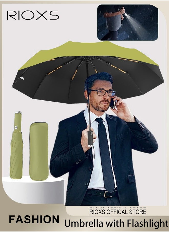 RIOXS LED Umbrella,Automatic Folding Umbrella With Rotating LED Flashlight For Night Walking,Windproof Sun Rain Protection Umbrella,Practical Umbrella For Travel Running Hiking Camping  - Image 1
