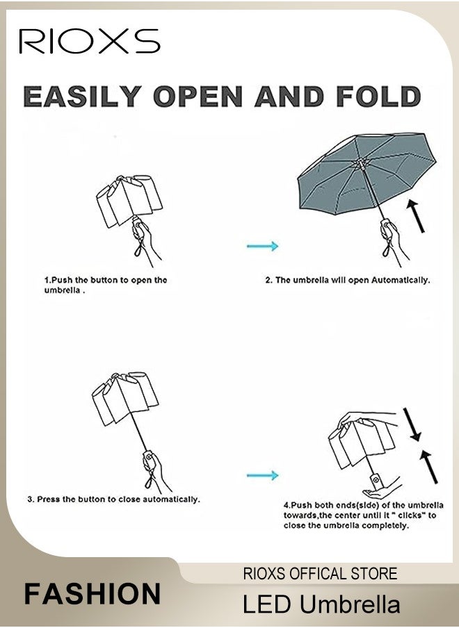 RIOXS LED Umbrella,Automatic Folding Umbrella With Rotating LED Flashlight For Night Walking,Windproof Sun Rain Protection Umbrella,Practical Umbrella For Travel Running Hiking Camping  - Image 3