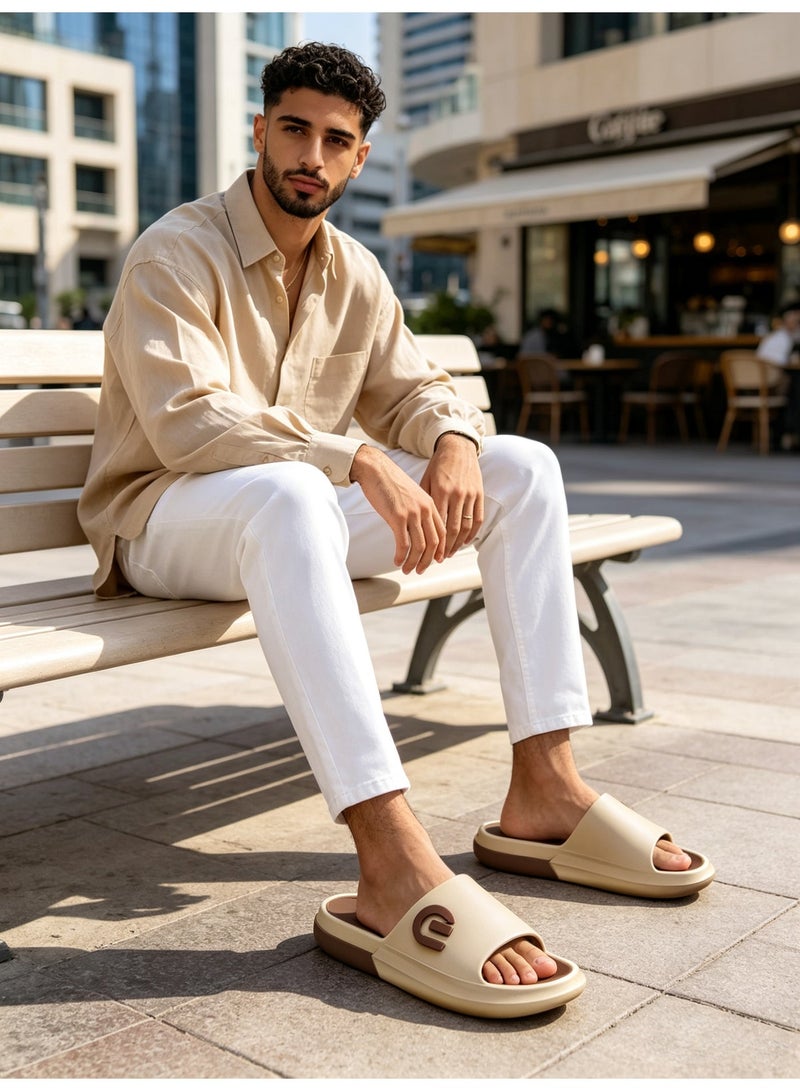 Aethvive Sport Slides for Men, Women & Teens, Cream Brown Two Tone Sport Slide Slippers, C Shape Anti Slip Waterproof Platform Cushioned Summer Slides, Shower Beach Gym Home Outdoor Daily Wear - Image 5