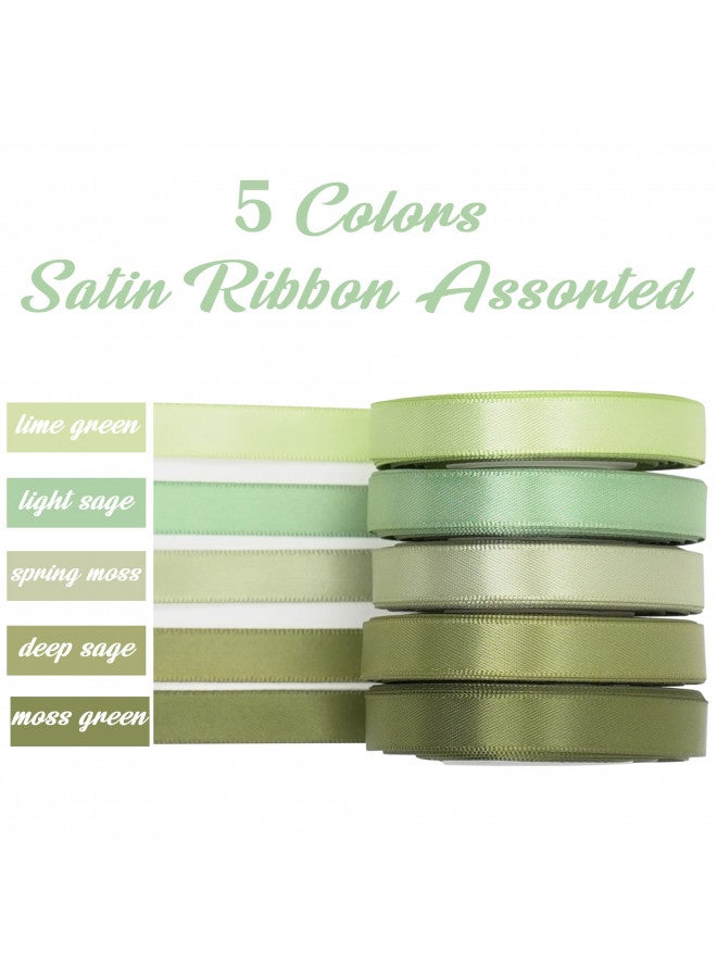 HUIHUANG Sage Green Ribbon Satin Gift Ribbon 3/8 inch Green Satin Ribbon Assorted Wedding Ribbon for Gift Wrapping Bridal Baby Shower Decor Floral Bouquet DIY Crafts- 5 Colors X 10 Yards Each - Image 1