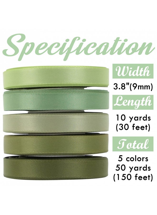 HUIHUANG Sage Green Ribbon Satin Gift Ribbon 3/8 inch Green Satin Ribbon Assorted Wedding Ribbon for Gift Wrapping Bridal Baby Shower Decor Floral Bouquet DIY Crafts- 5 Colors X 10 Yards Each - Image 2