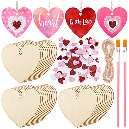 HLARTNET HLAA Heart Wood Slices Set, 30 Pcs Unfinished Predrilled DIY Wooden Ornaments Blank Heart Shape Wood Cutouts with 60 Pcs Glitter Foam Stickers and Paint Brush for Valentine's Day Wedding - Image 1