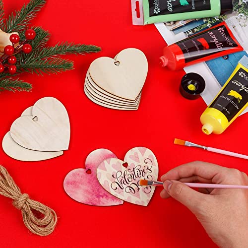 HLARTNET HLAA Heart Wood Slices Set, 30 Pcs Unfinished Predrilled DIY Wooden Ornaments Blank Heart Shape Wood Cutouts with 60 Pcs Glitter Foam Stickers and Paint Brush for Valentine's Day Wedding - Image 3