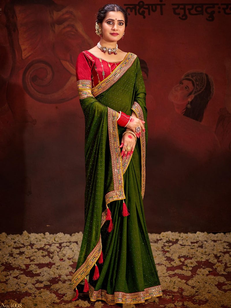 SAREE MALL Women's Olive Vichitra Silk Embroidered Saree with Unstitched Blouse Piece(AYUSHI4008_SUM) - Image 2