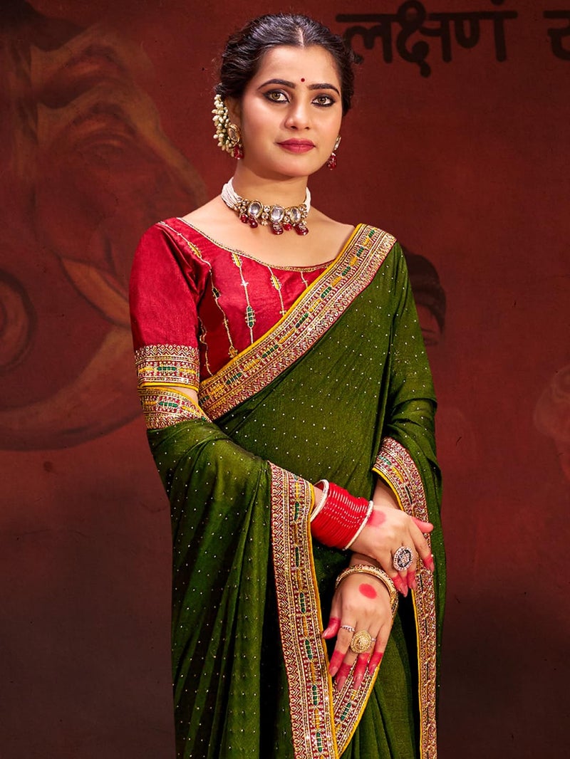 SAREE MALL Women's Olive Vichitra Silk Embroidered Saree with Unstitched Blouse Piece(AYUSHI4008_SUM) - Image 4