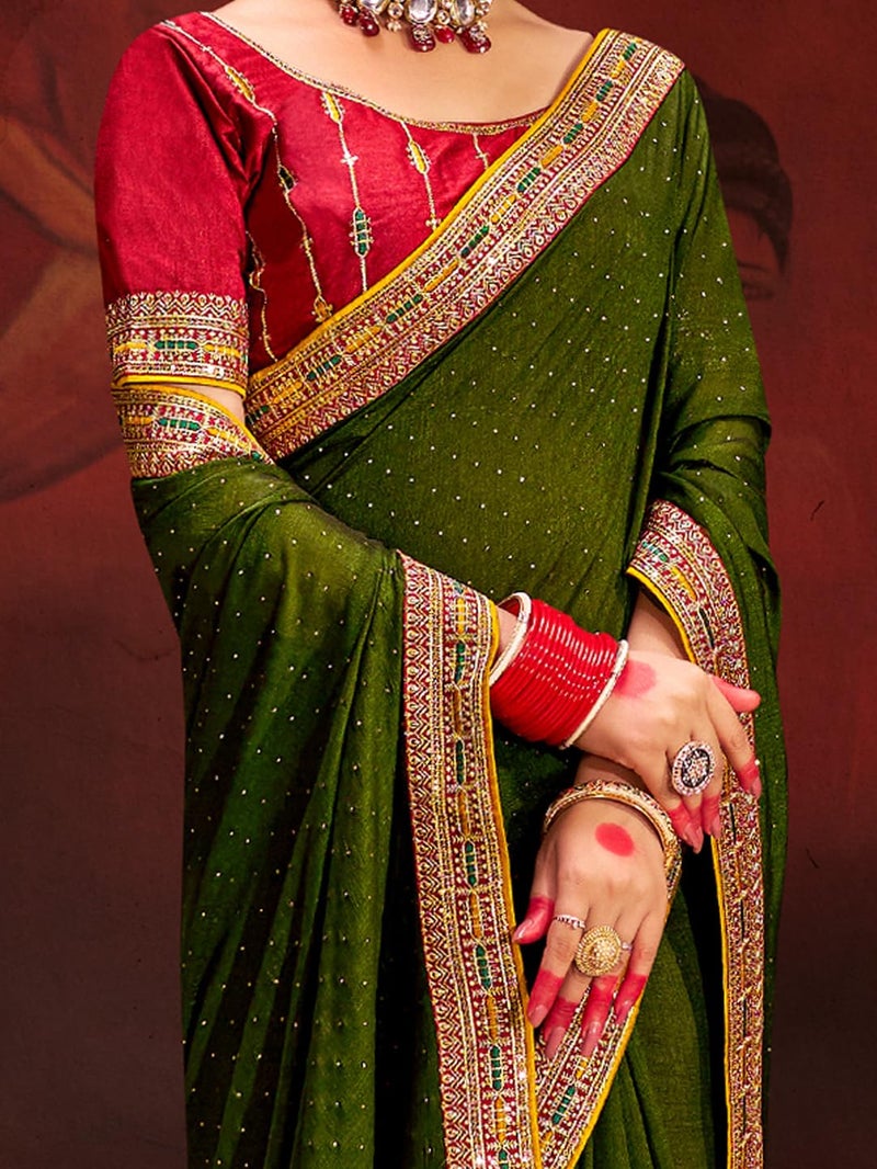 SAREE MALL Women's Olive Vichitra Silk Embroidered Saree with Unstitched Blouse Piece(AYUSHI4008_SUM) - Image 5