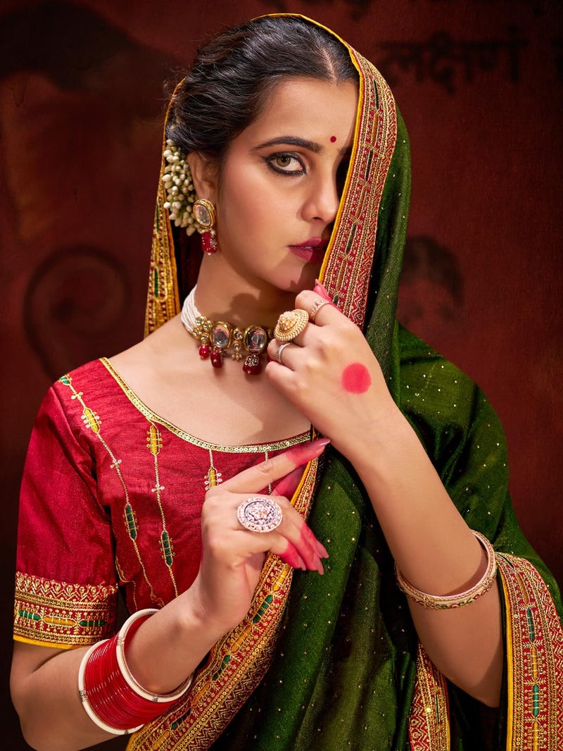 SAREE MALL Women's Olive Vichitra Silk Embroidered Saree with Unstitched Blouse Piece(AYUSHI4008_SUM) - Image 3