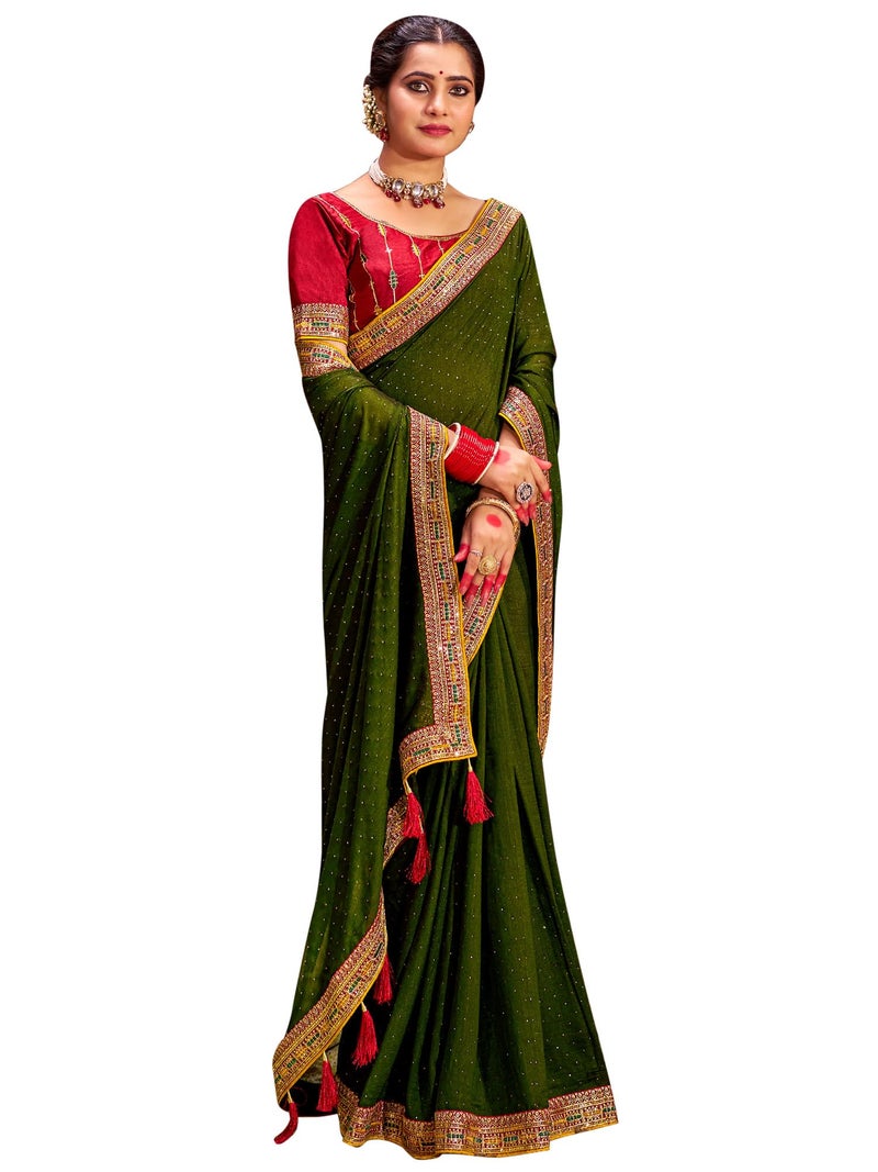 SAREE MALL Women's Olive Vichitra Silk Embroidered Saree with Unstitched Blouse Piece(AYUSHI4008_SUM) - Image 1