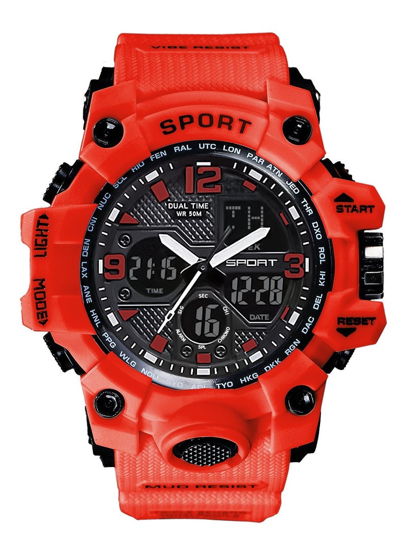 ساندا ساعة رياضية للرجال، مؤقت رقمي مقاوم للماء مع إنذار وشاشة، كوارتز، تناظري، إلكتروني. ريد-56مم - Image 1