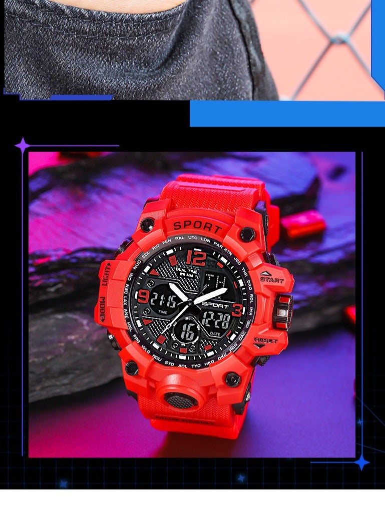 ساندا ساعة رياضية للرجال، مؤقت رقمي مقاوم للماء مع إنذار وشاشة، كوارتز، تناظري، إلكتروني. ريد-56مم - Image 2