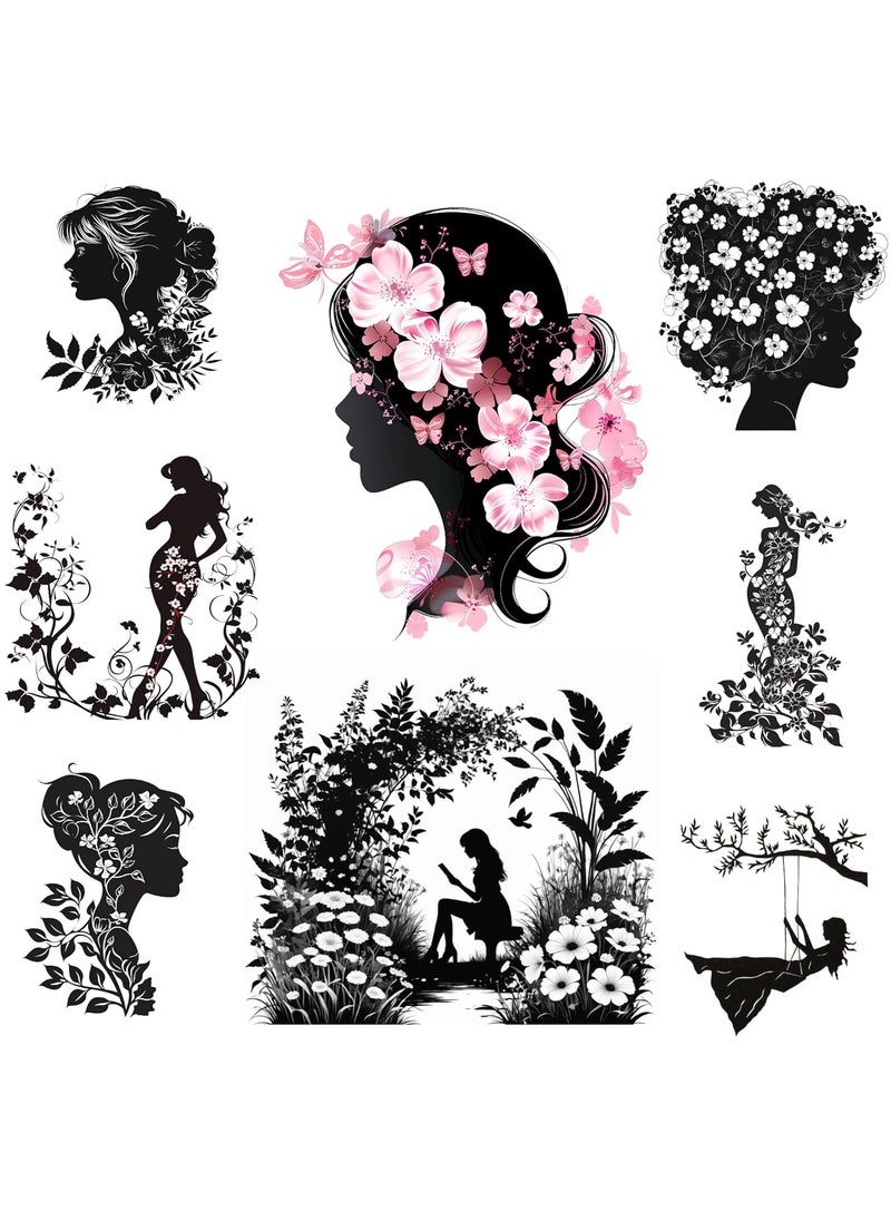Generic Silhouette Flower Girl Theme Self Adhesive PVC Switch Panel Stickers Pack of 8 Black Wall Stickers  - Image 2