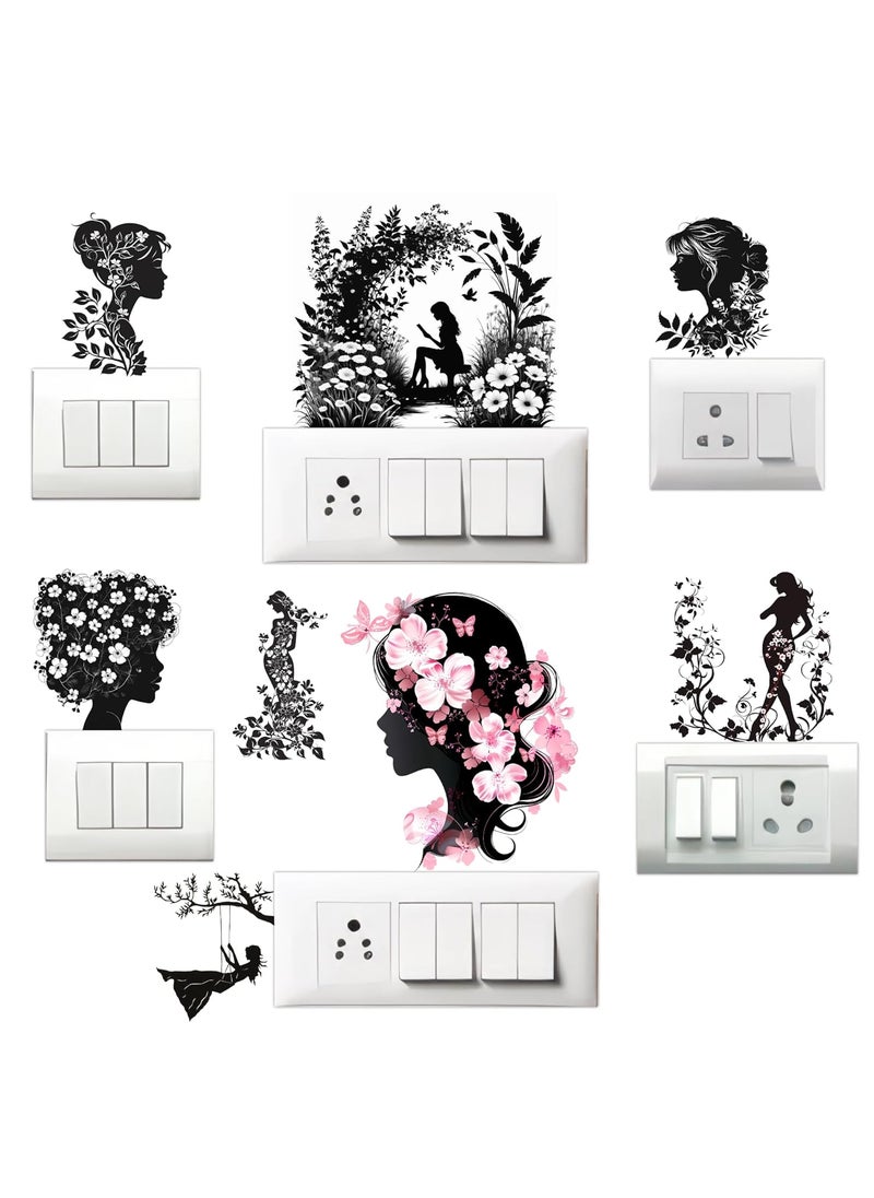 Generic Silhouette Flower Girl Theme Self Adhesive PVC Switch Panel Stickers Pack of 8 Black Wall Stickers  - Image 1