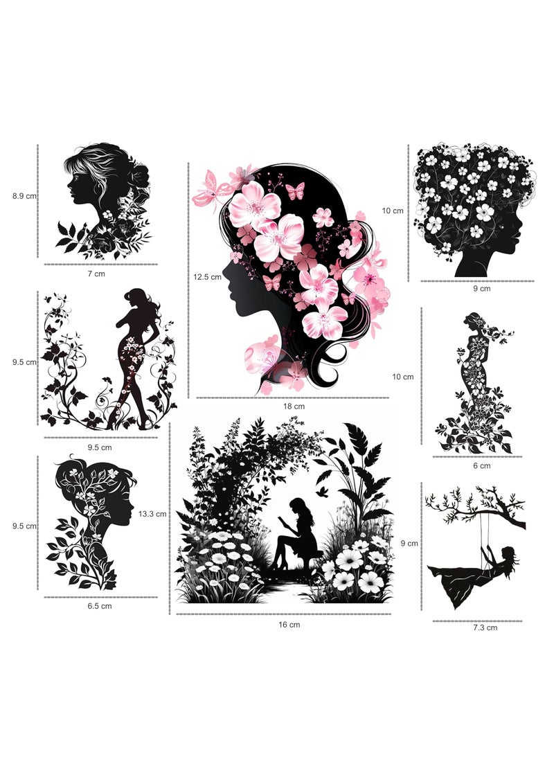 Generic Silhouette Flower Girl Theme Self Adhesive PVC Switch Panel Stickers Pack of 8 Black Wall Stickers  - Image 5