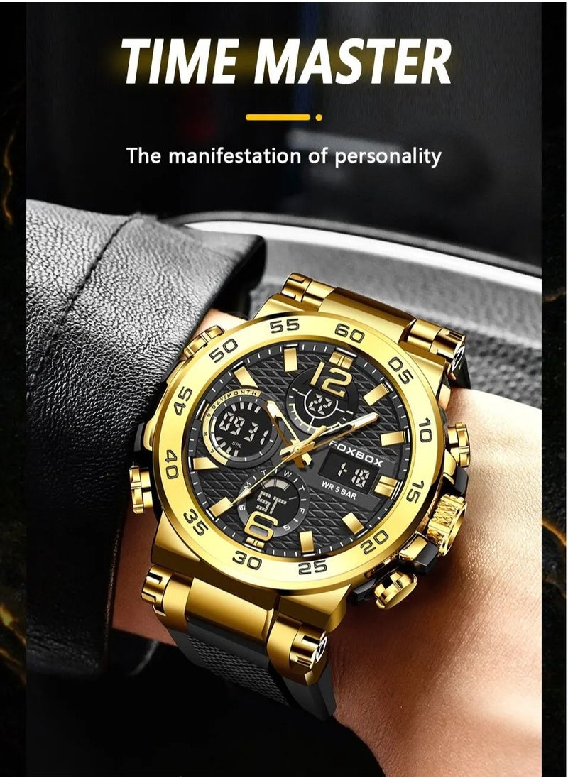 FOXBOX - Dual Display Electronic Watch, Fashionable And Cool Multifunctional Silicone Glow Men's Watch, Sport Leisure Waterproof Business Watch, Military Wrist Watch For Men, (Gold Black) - Image 1