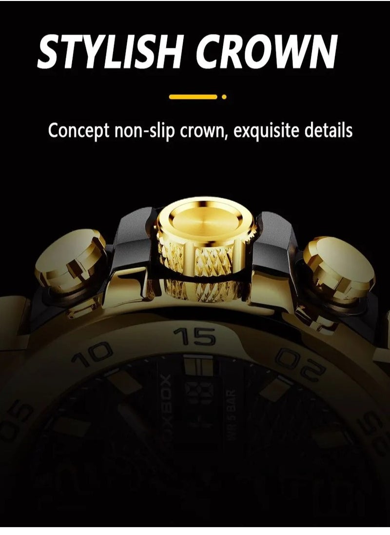 FOXBOX - Dual Display Electronic Watch, Fashionable And Cool Multifunctional Silicone Glow Men's Watch, Sport Leisure Waterproof Business Watch, Military Wrist Watch For Men, (Gold Black) - Image 1