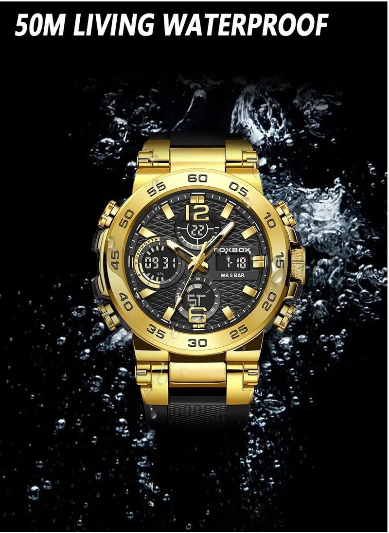 FOXBOX - Dual Display Electronic Watch, Fashionable And Cool Multifunctional Silicone Glow Men's Watch, Sport Leisure Waterproof Business Watch, Military Wrist Watch For Men, (Gold Black) - Image 1