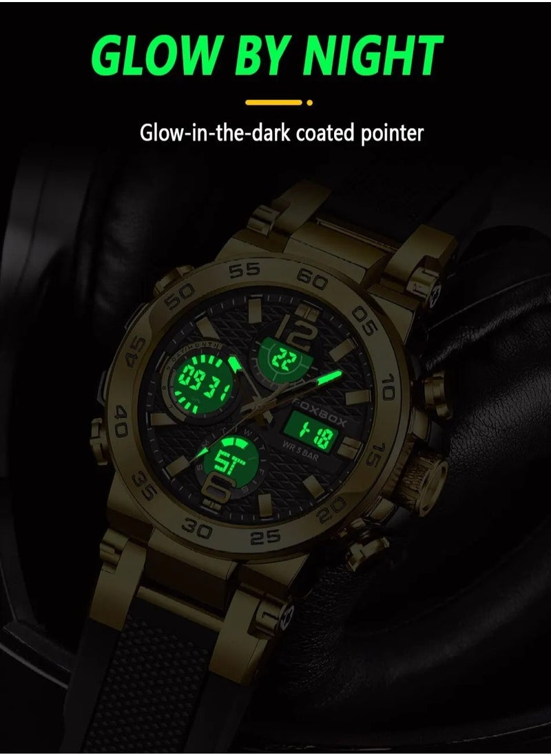 FOXBOX - Dual Display Electronic Watch, Fashionable And Cool Multifunctional Silicone Glow Men's Watch, Sport Leisure Waterproof Business Watch, Military Wrist Watch For Men, (Gold Black) - Image 1