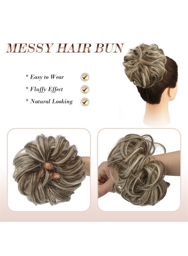 FESHFEN Messy Bun Hair Piece Hair Bun Scrunchies Synthetic Wavy Chignon Ponytail Hair Extensions Thick Updo Hairpieces for Women Girls 1PCS, Brown & Bleach Blonde - Image 3