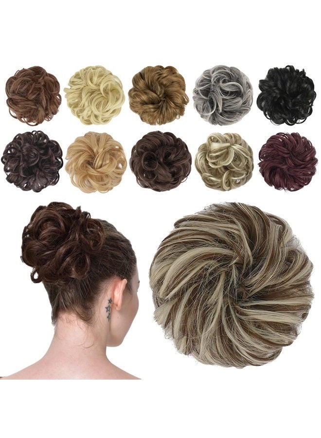 FESHFEN Messy Bun Hair Piece Hair Bun Scrunchies Synthetic Wavy Chignon Ponytail Hair Extensions Thick Updo Hairpieces for Women Girls 1PCS, Brown & Bleach Blonde - Image 1