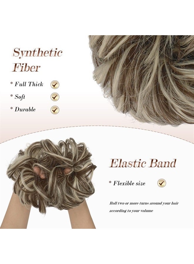 FESHFEN Messy Bun Hair Piece Hair Bun Scrunchies Synthetic Wavy Chignon Ponytail Hair Extensions Thick Updo Hairpieces for Women Girls 1PCS, Brown & Bleach Blonde - Image 4