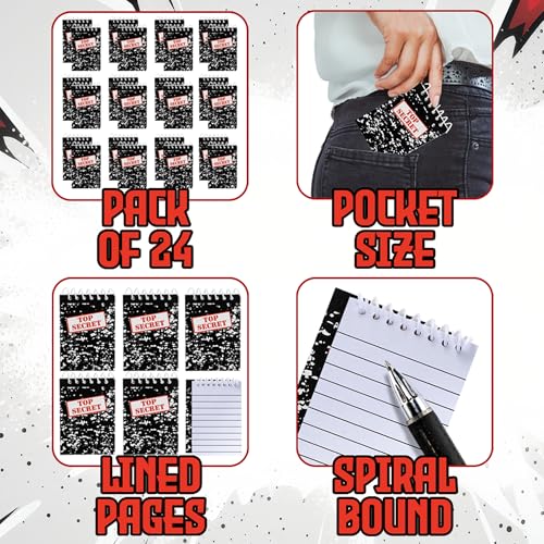 Bedwina Top Secret Mini Notebooks for Kids Party Favors - (Pack of 24) Spiral Small Notebook Pads for Murder Mystery Party Decor, Secret Agent Spy or Crime Detective Themed Parties, Goody Bag Notepads - Image 2