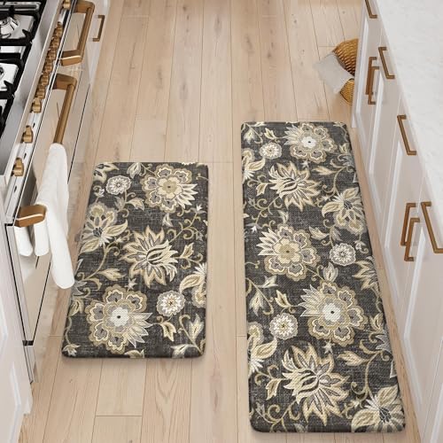 LEEVAN Anti Fatigue Mats for Kitchen Floor 2 Piece,Cushioned Memory Foam Black Kitchen Mats for Floor,Comfort Floral Boho Non Slip Kitchen Floor Mat for Sink,Laundry,Office(17''x29''+17''x47'') - Image 5