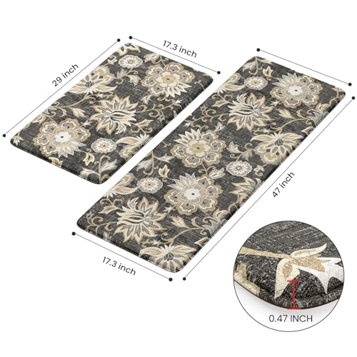 LEEVAN Anti Fatigue Mats for Kitchen Floor 2 Piece,Cushioned Memory Foam Black Kitchen Mats for Floor,Comfort Floral Boho Non Slip Kitchen Floor Mat for Sink,Laundry,Office(17''x29''+17''x47'') - Image 4