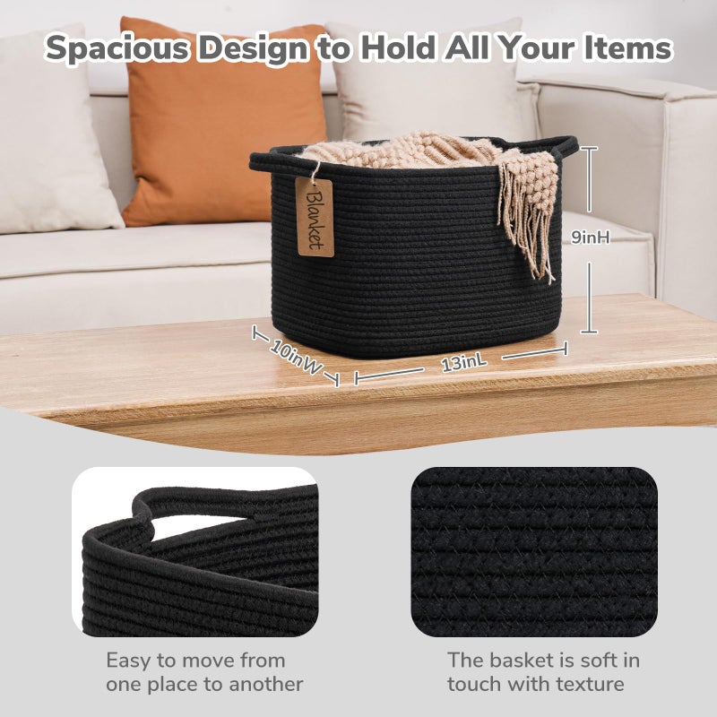 Goodpick Black Storage Basket for Shelves, Woven Baskets for Storage, Toy Baskets Storage Kids, Towel Basket with Handles for Living Room, Bathroom, 13 x 10 x 9 Inches - Image 3