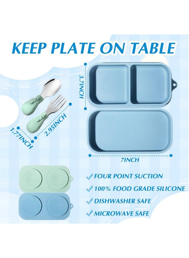 Uiifan 2 Pack Baby Suction Plate Set Silicone Suction Plate with Lid Divided Bowls for Portable Toddler Utensils Compact for Self Feeding Baby Travel Essential(Blue, Sage Green) - Image 2