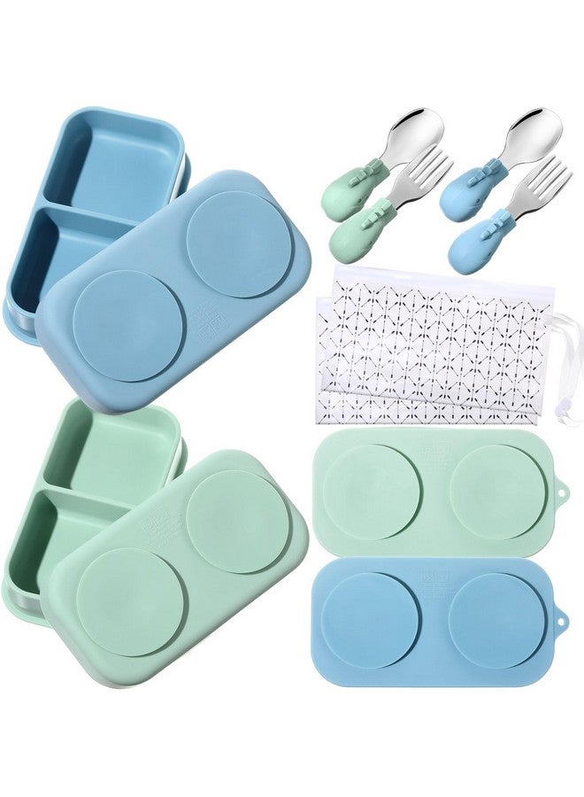 Uiifan 2 Pack Baby Suction Plate Set Silicone Suction Plate with Lid Divided Bowls for Portable Toddler Utensils Compact for Self Feeding Baby Travel Essential(Blue, Sage Green) - Image 1