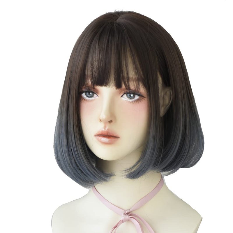 URCGTSA URCGTSA Short Bob Wigs with Bangs Women Party Cosplay Wigs Natural Looking Heat Resistant Fiber Hair Wig for Women Full Hair Straight Wigs Haze blue 