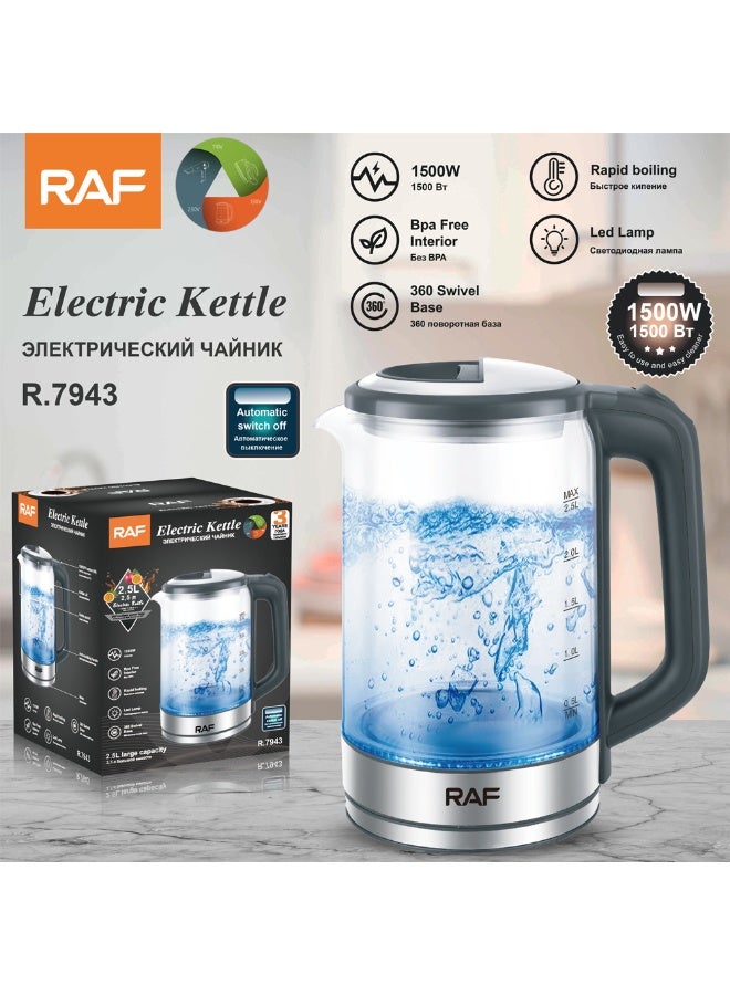 آر إيه أف غلاية كهربائية زجاجية سعة 2.5 لتر بقوة 1500 واط مع ضوء أزرق محيطي - Image 1