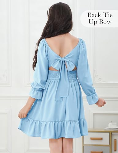 Durio Tie Back Girls Spring Dress Off Shoulder Long Sleeve Girl Dress for Teens Ruffle Summer Dresses for Girl Fall Tween Girls Dresses 08 Light Blue 8-9 Years - Image 2